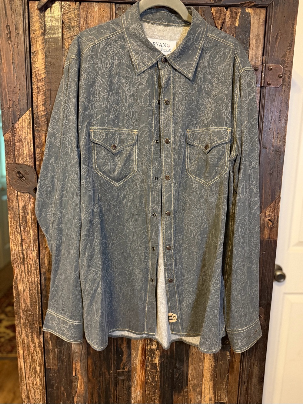 Ryan Michael Men’s Large Gray Paisley Silk Cotton Western Snap Shirt Cowboy